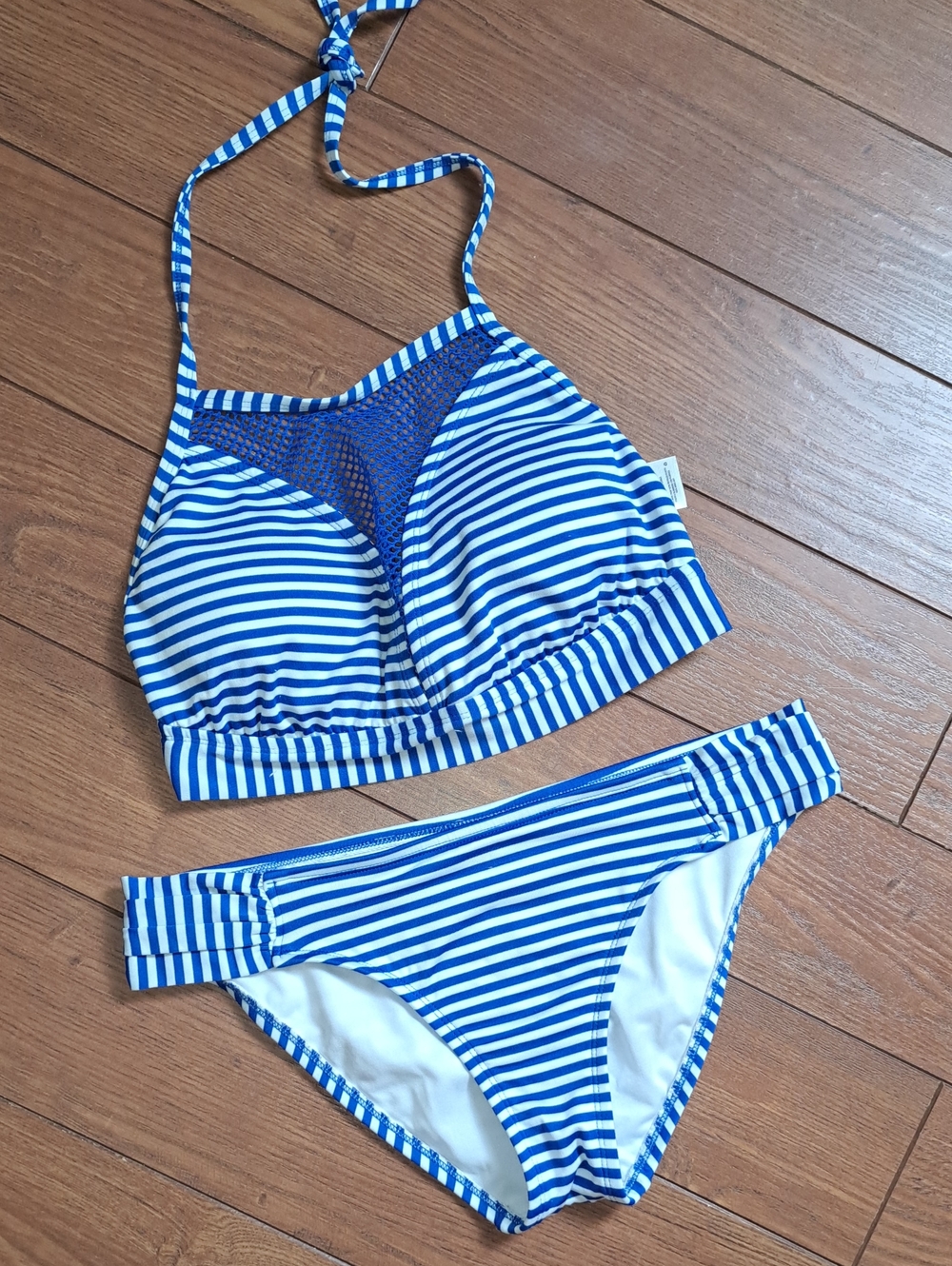 Mossimo Resort Blue Striped Mesh Halter Bikini Set Top D/DD Bottom L NWOT